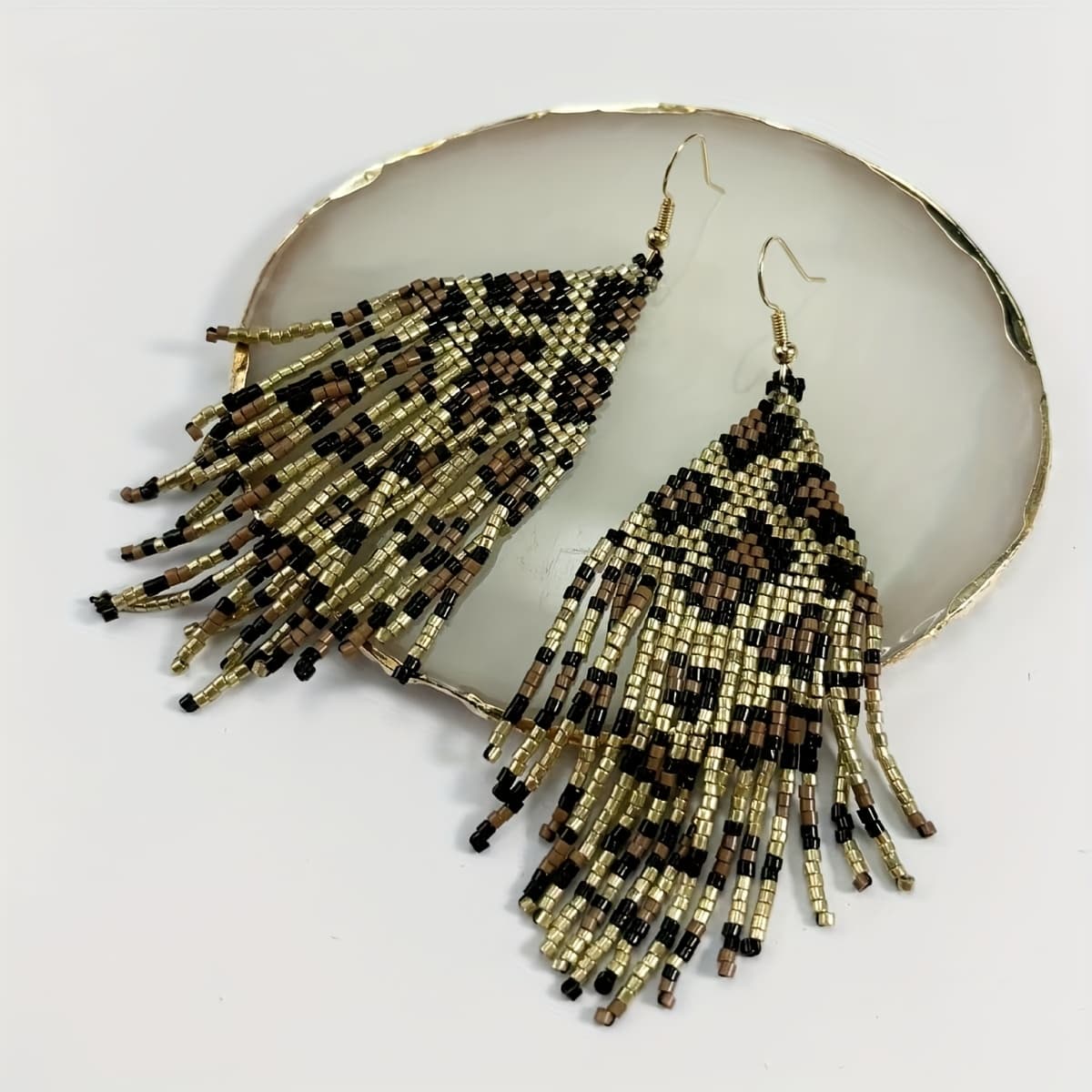 TEMU Bohemian Style Handmade Beaded Rice Earrings With Leopard Print Tassel Dangle Earrings
