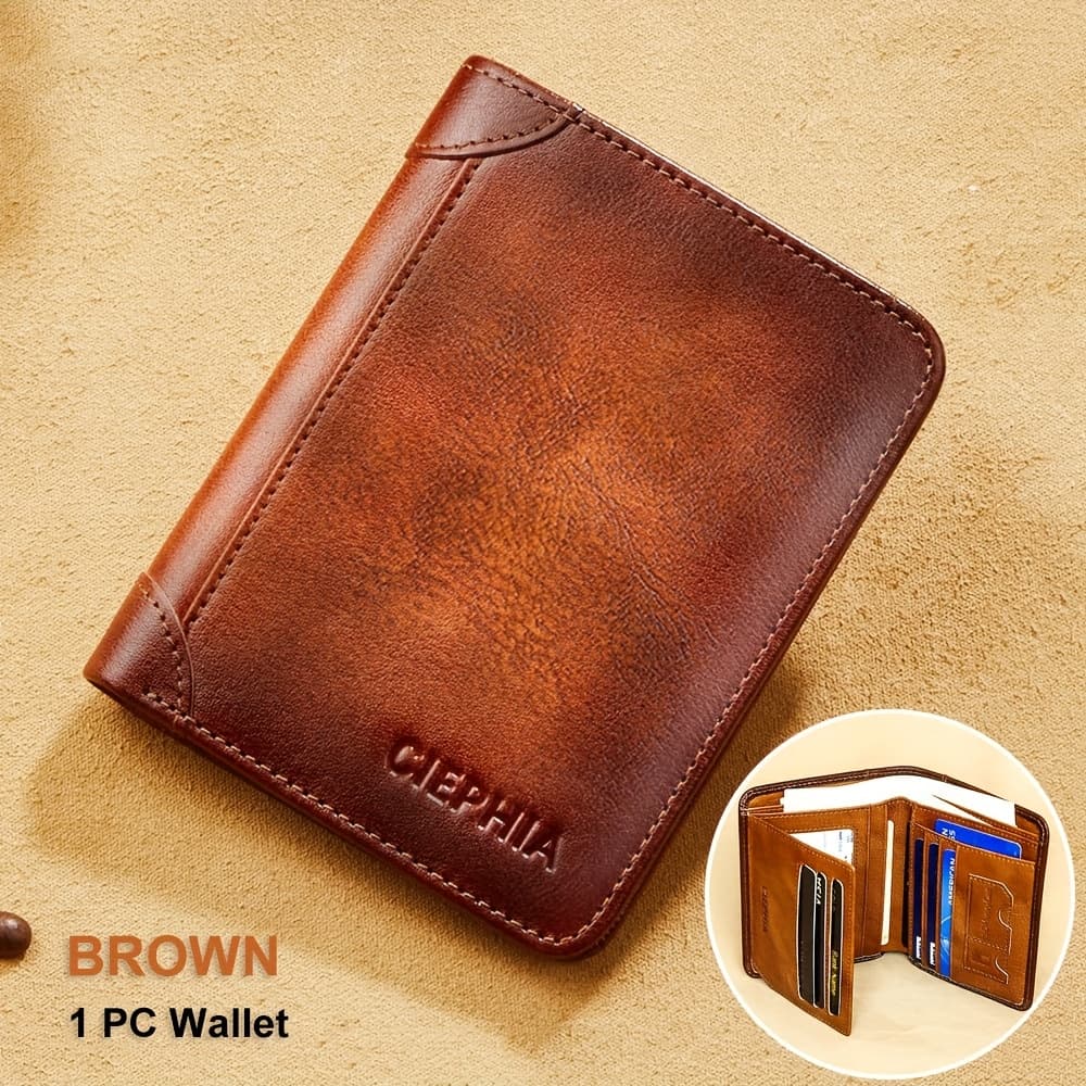 TEMU 1pc Men's Genuine Leather Zipper Wallet, Top Layer Cowhide Rfid Blocking Wallet, Vintage Multi-functional Wallet With 2 Id Card Windows, Ideal Gift For Men
