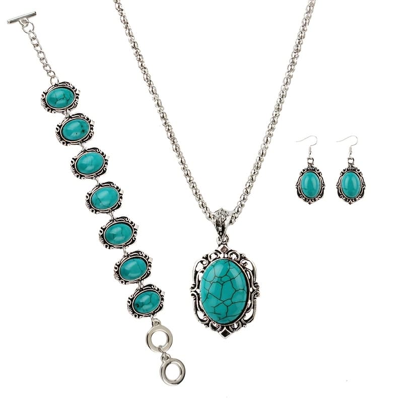 TEMU 4pcs Boho Vintage Turquoise Jewelry Set - Alloy Necklace, Bracelet, Earrings With Teardrop Accents, Ideal For Holiday Gifts And Valentine's Day Wear, Vintage Jewelry