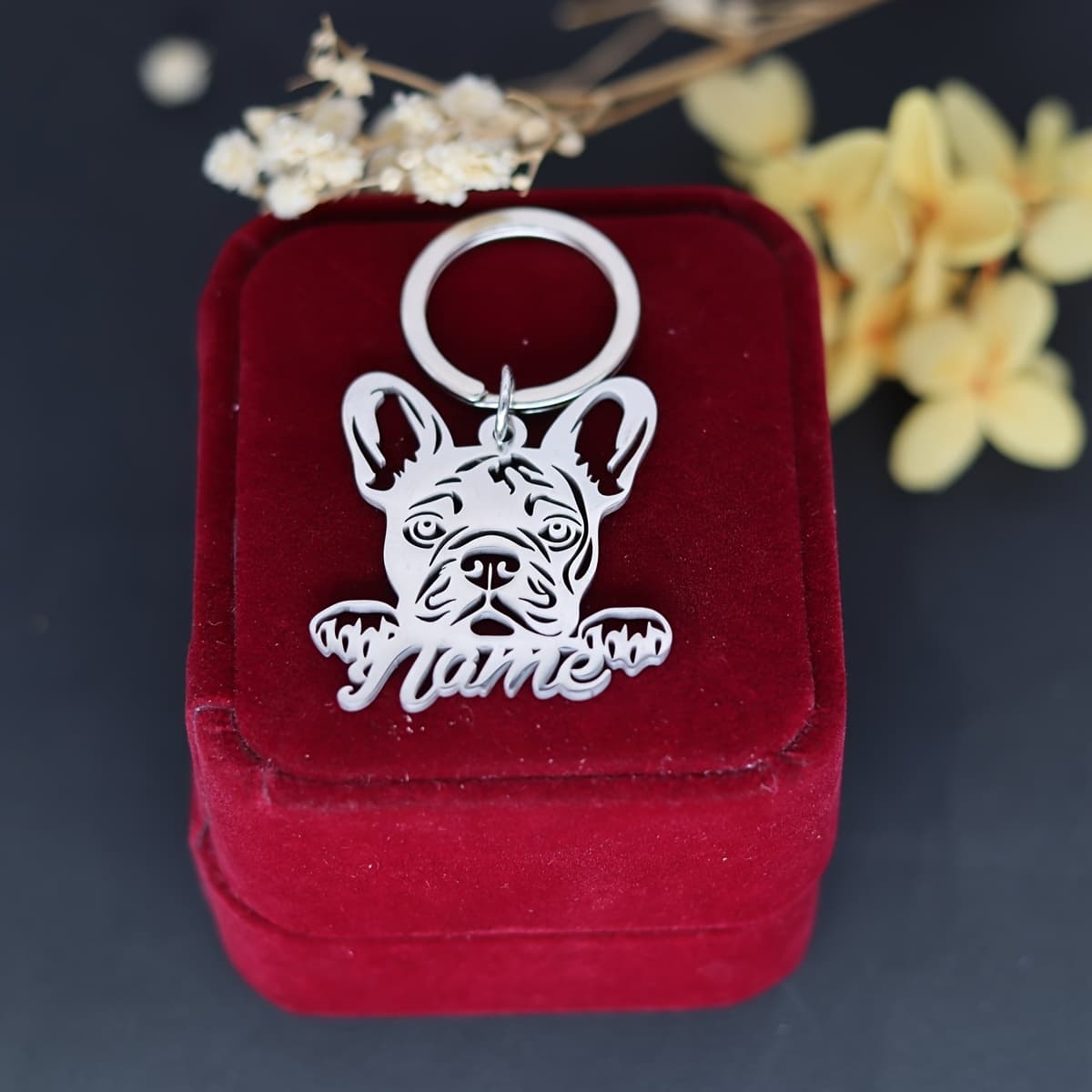 TEMU Personalized Keychain For French Bulldogs Featuring Name Engraving, Shaped Like A Dog, Made Of Stainless Steel For Men