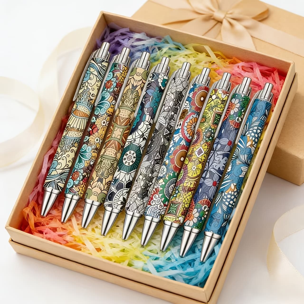 TEMU 9pcs Bohemian Style Pens | Iconic Elements Integrated, , 0.5mm Black Nib, Portable And Ergonomic, Retractable Closure