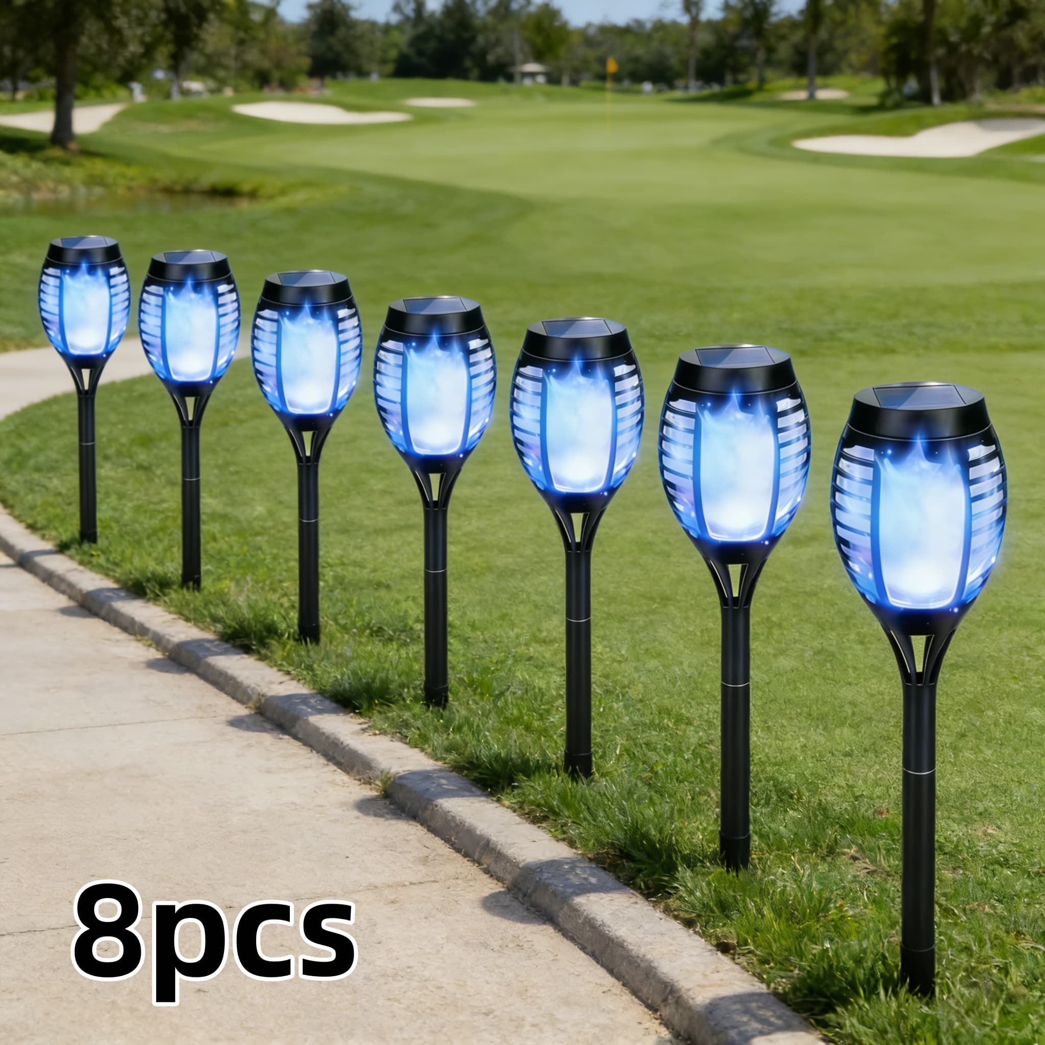 TEMU 8pcs Solar Blue White Torch Lights, Garden Pathway Stake Lights, Halloween Christmas Party Decor Lamps For Patio, Camping,, Ip44