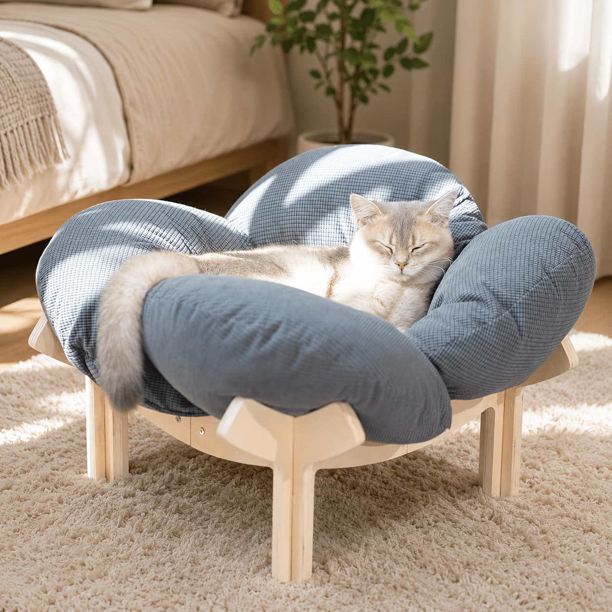 TEMU Elevated Cat Bed - Aesthetic Flower Petal Pet Sofa With , Wooden Dog Lounge Chair For Cats & Puppies, Sturdy Support, Skin-friendly Washable Pet Furniture, Sage Green, Navy, Pink,, Grey