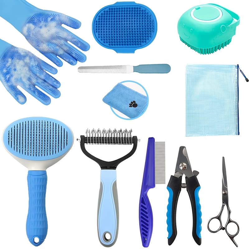 TEMU 11pcs Pink Grooming Set Including Deshedding Gloves, Brushes, Scissors, And A Towel - Perfect For Pet Grooming Services
