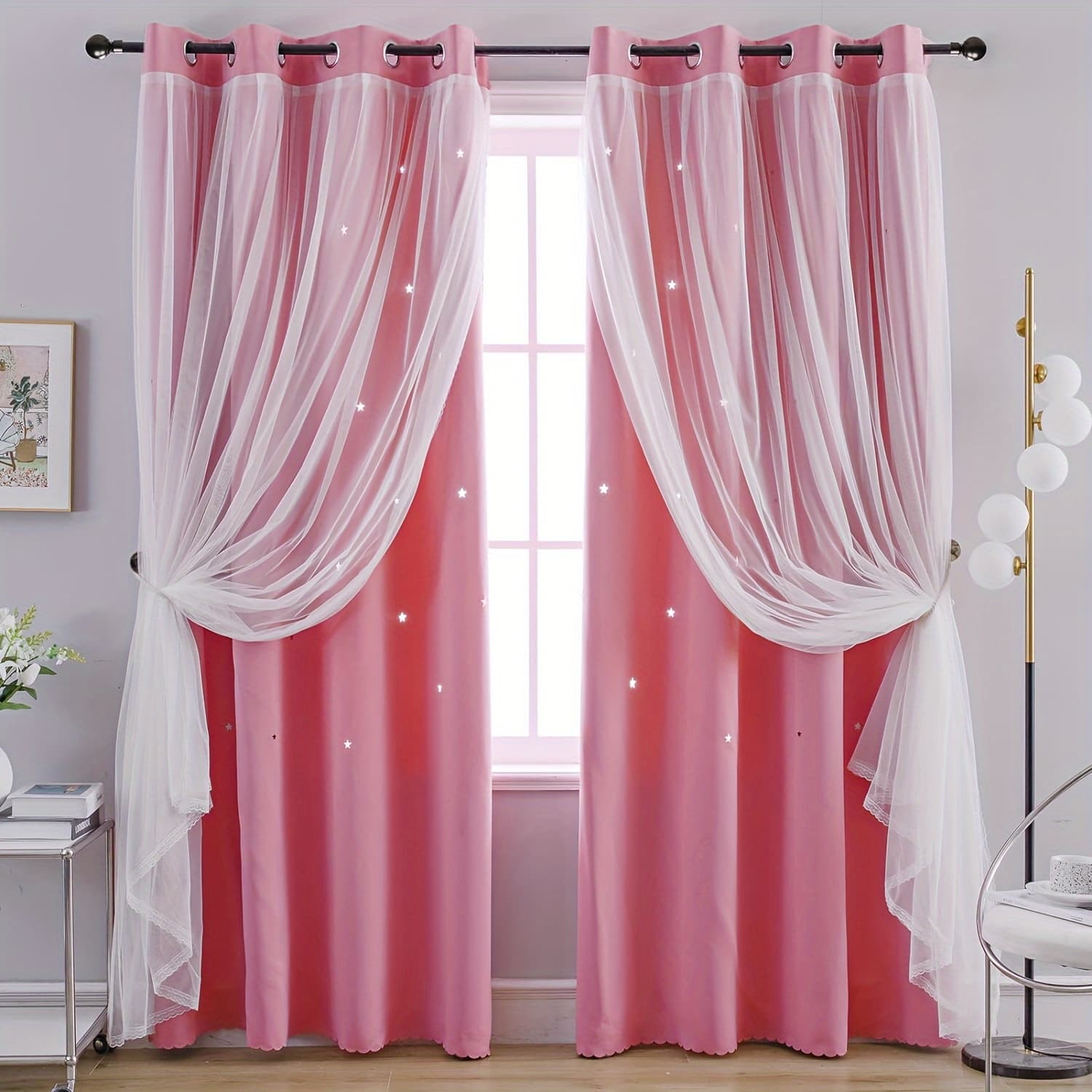 TEMU 2-panel Pink Starry Night Blackout Curtains - Double Layer, 42x84 Inches, Hollow-out , Light Blocking Drapes For Bedroom , Curtains For Bedroom