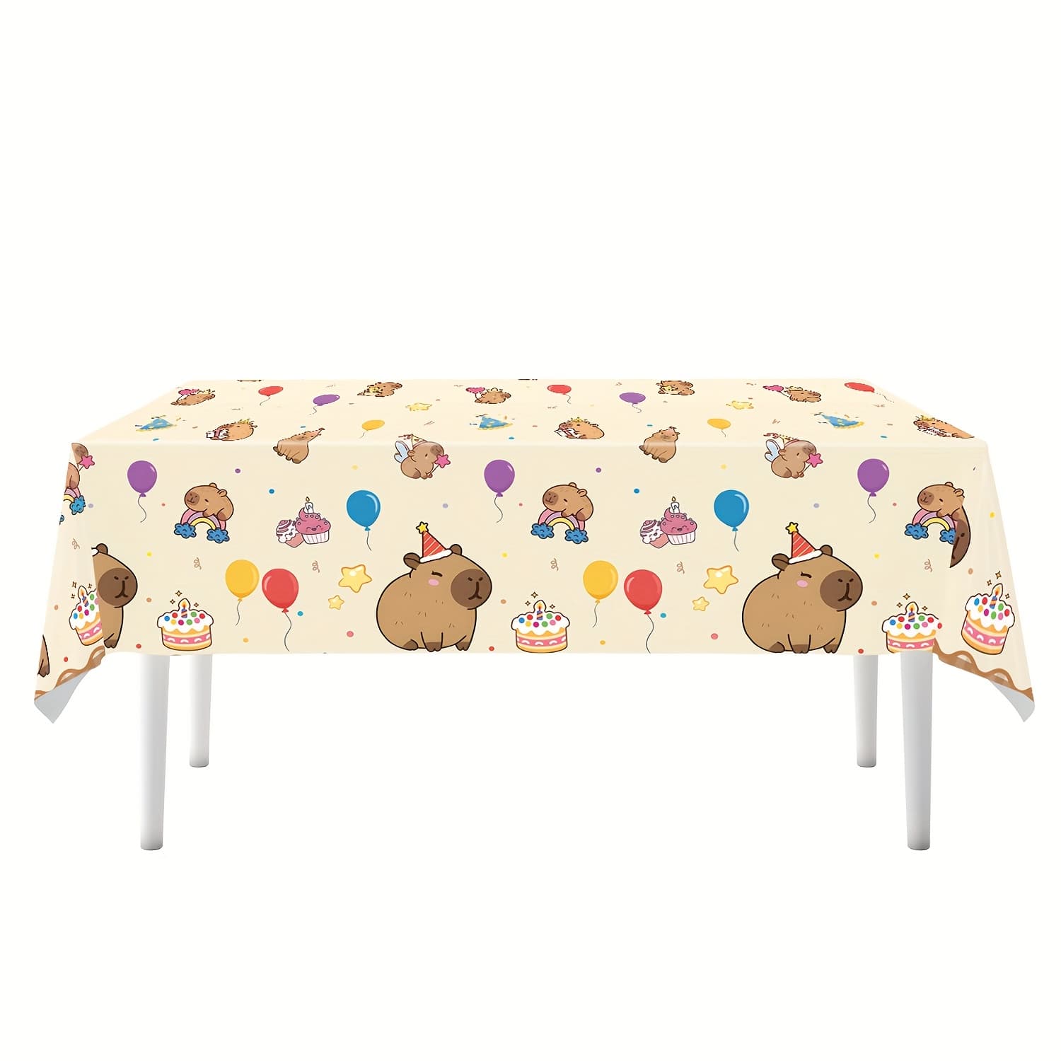 TEMU Halloween, Christmas, 1pc Capybara Party Theme Tablecloth 42x71 Inch - Cute Animal Print With Balloons & Hats