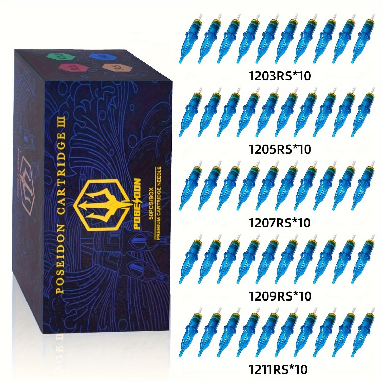 TEMU Poseidon V3 Tattoo Cartridge Needles 50pcs Mixed Size Needles With Membrane Safety Cartridges-1203rs, 1205rs, 1207rs, 1209rs, 1211rs