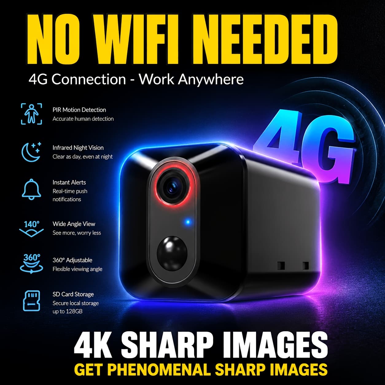 TEMU 4k, Security Camera, 4g Lte Camera, Wireless Camera With Infrared Night Vision, Rechargeable Battery, Intelligent Pir Human Detection, , For Wi-fi, For Power Plug