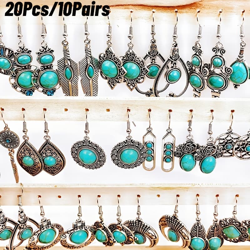 TEMU 20 Vintage Bohemian Earrings Featuring Turquoise, Floral, Feather And Heart-shaped Teardrop Pendants Suitable For Everyday Wear, Holiday Parties And Festive Gifts