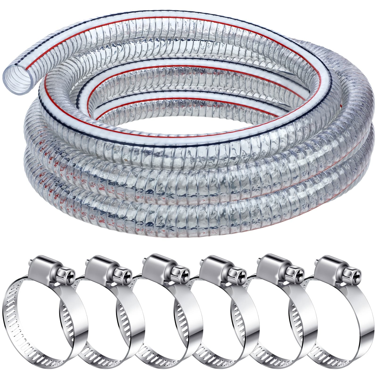 TEMU Heavy Duty Steel Wire Flexible Tubing With Fasteners Pvc High Pressure Drain Hose Tube Pond Tubing Clear Wire Reinforced Hose For Pond Bilge Pump Hose Vacuum Suction Hose (10 Ft, 1 Inch Id)