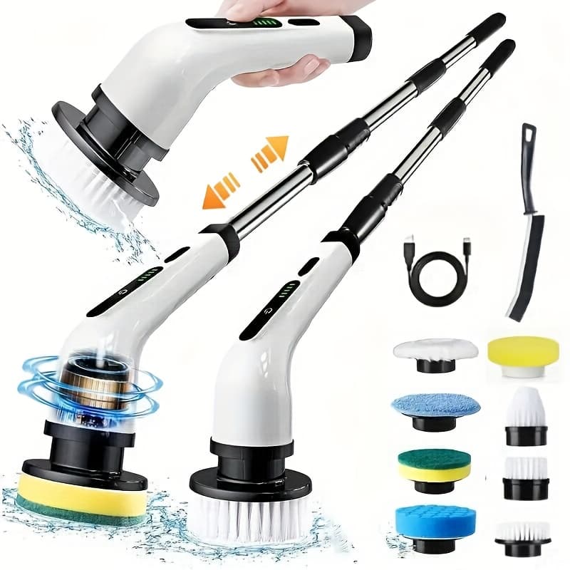 TEMU Electric Cleaning Brush - Dual-speed Rotating Scrubber With Adjustable Handle And 8 Additions For Shower, Bathroom, Floors, Kitchen, Vehicle, Bathtub, And Carpets - Powerful Deep Cleaning