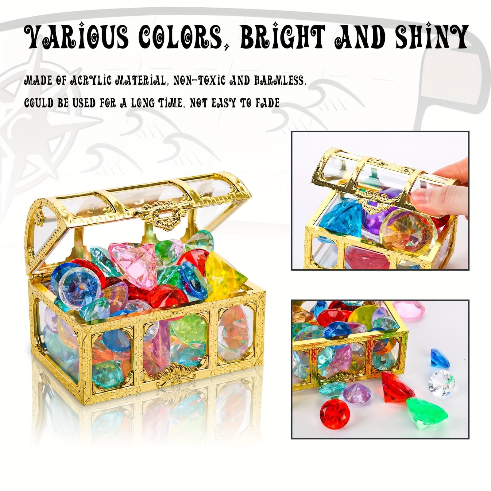 TEMU 50pcs Diving Gem Pool Toy, Gem With Treasure Pirate Chest Box Underwater Acrylic Gemstones Set Swimming Toys Dive Throw Underwater For Game Gift Boys And Girls, Back To School, Gifts
