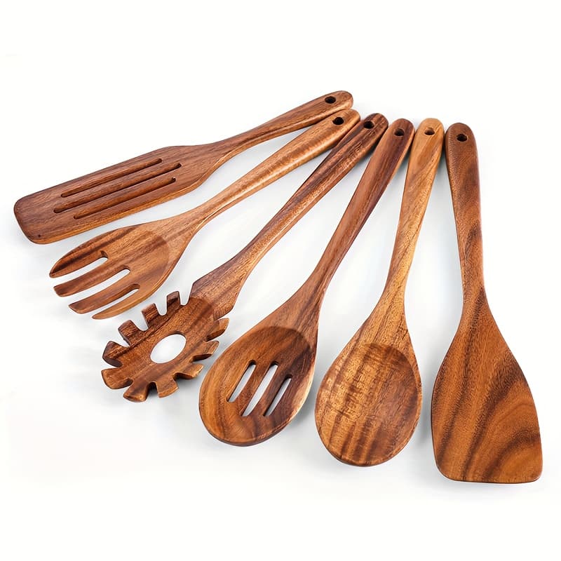 TEMU Set Of 6 Wooden Cooking Tools Featuring A Comfortable Grip, Made From Teak Wood. Sturdy, Lightweight, And Heat-resistant Utensils Are Perfect For Indoor And Outdoor Cooking