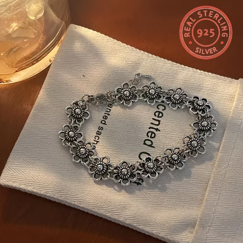 TEMU Retro 925 Silvery, Simple And Distressed, Small Flower Bracelet, Niche Design, Cold , Girlfriend Bracelet, Gift, Holiday Must-have