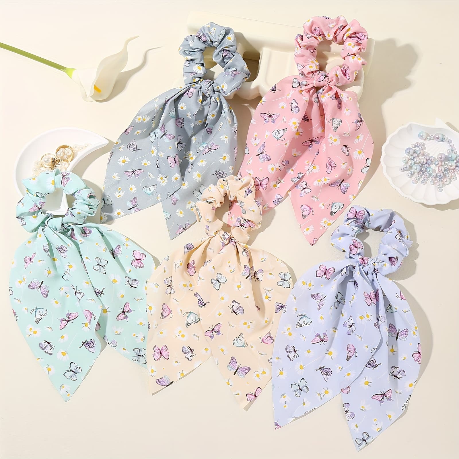 TEMU 5pcs Long Ribbon Bow Hair Ties For Women, New Floral Hair Accessories, High-quality Hair Elastics