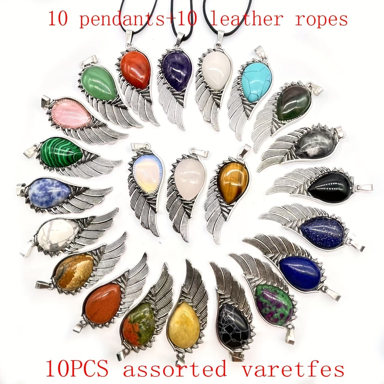 TEMU 10pcs Set Of Random Stone Wing Pendants, For Making Necklaces, Suitable For Daily Wear And Holiday Gifting