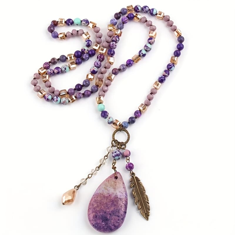 TEMU Stone Beads Beaded Necklace With Semi Precious Pendant Decor, And Metal Leaf Pendant Sweater Chain-ideal For Gift- And Vacation
