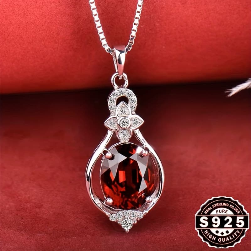 TEMU Elegant 925 Silver Pendant Necklace, , Oval Shape, Hypoallergenic Jewelry Perfect Gift For Mom, Grape Pattern, Fashionable Gemstones And