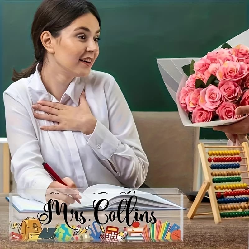 TEMU [2d Flat] [2d Flat] 1pc Customizable Acrylic Desk Nameplate, Transparent Teacher Thank You Seat Card, Battery- And Classroom Decor Accessory