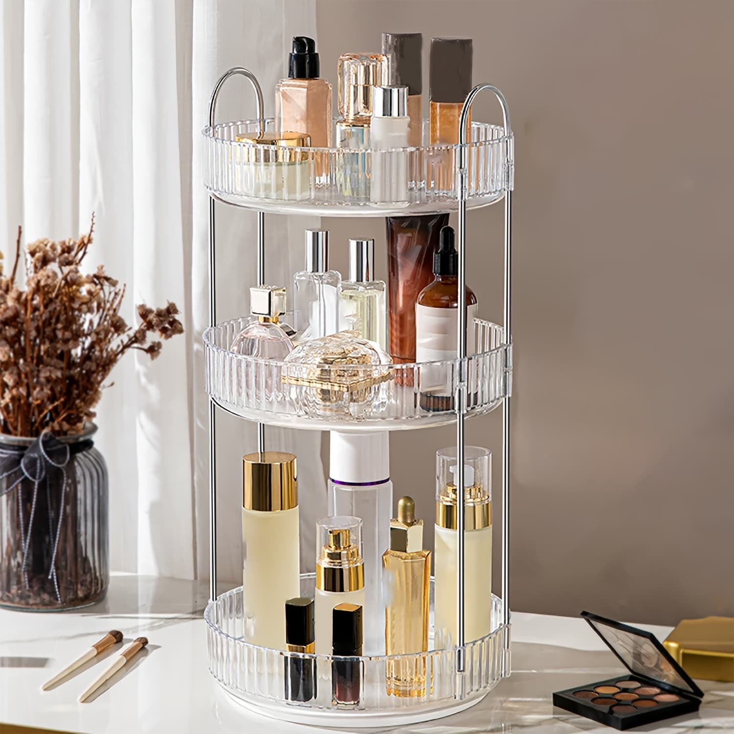 TEMU 360 Rotating 3 Tier Makeup Organizer For Vanity, High Capacity Spinning Perfume & Skincare Storage Rack For Bathroom Countertop, Bedroom, Golden/silvery