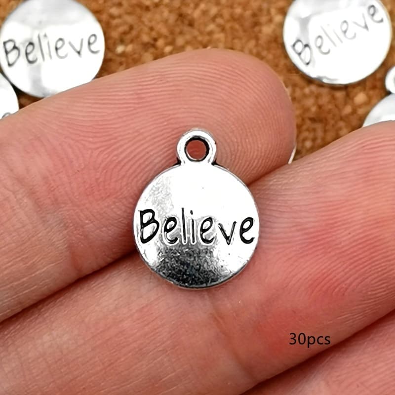 TEMU 14x11mm Believe Vintage Silvery Inspirational Letter Pendant, Diy Handmade Earrings Bracelet Necklace Accessories, Bag Keychain Charm, Handmade Jewelry Supplies, 15/30pcs