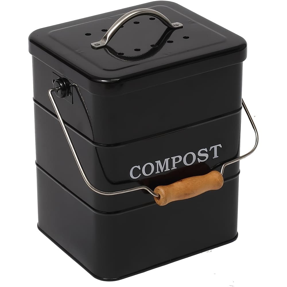 TEMU 1 Gallon Metal Kitchen Compost Bin With And Wooden Handle - Indoor Countertop Composter For Food Waste