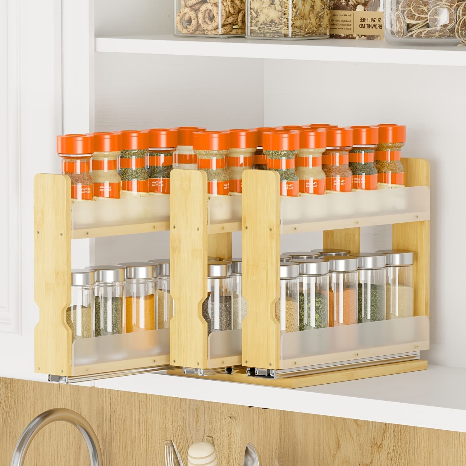 TEMU Bamboo Spice Rack Organizer With 3 Sliding Drawers, 2-tier Vertical Cabinet Storage For Kitchen Pantry, 8 Inch Wide, Natural End