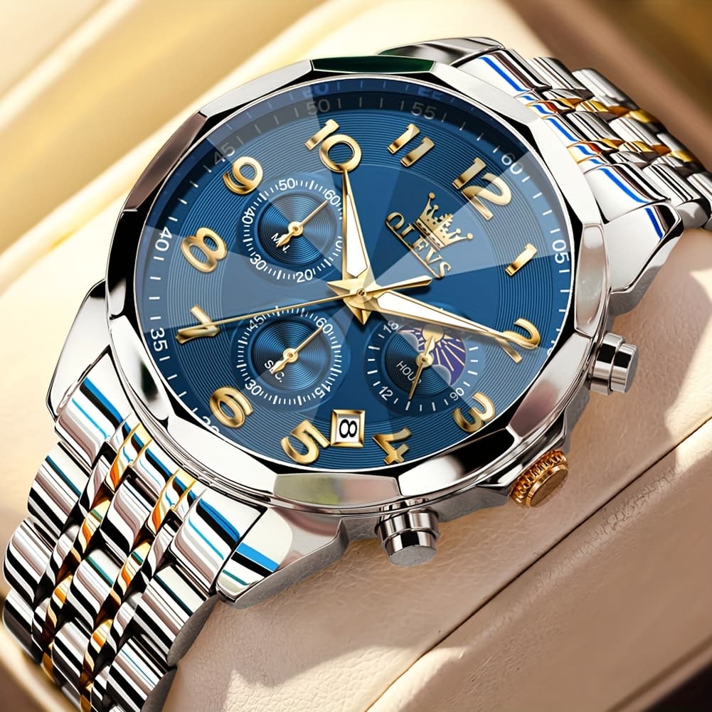 TEMU Olevs Men's Watches Classic Dress Quartz Chronograph Luxury 2 Tone Stainless Steel Moon Phase Digital Luminous Date Men's Wrist Watches