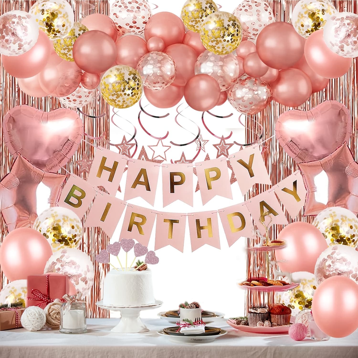TEMU 68pcs Rose Golden Birthday Decoration Balloon Arch, Happy Birthday Banner, Tassels, Aluminum Foil Pentagram Heart Balloons For Princess Women Birthday Party Decorations