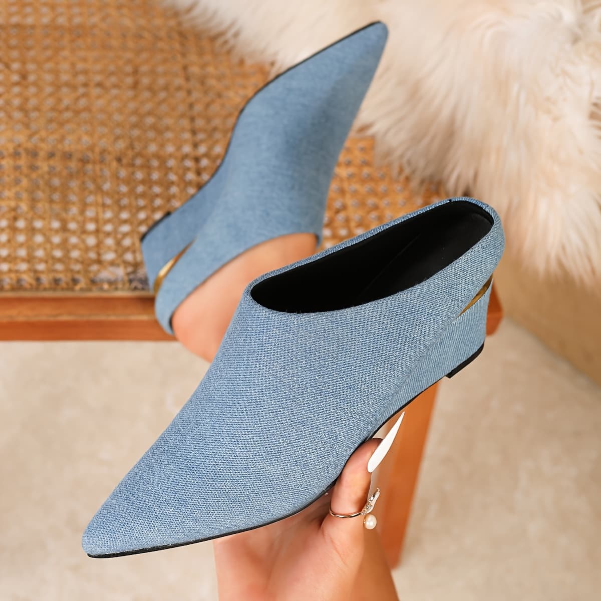 TEMU A Pair Of Blue Denim Wedge Sandals, Suitable For All , Versatile Solid Color Footwear For Women, Including Casual Slippers., Women Shoes