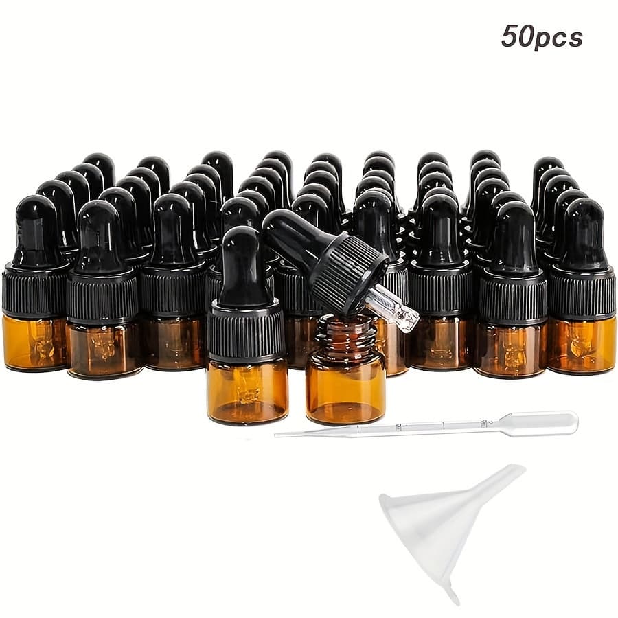 TEMU 50pcs/100pcs Amber Glass Dropper Bottles: 1ml Mini Essential Oil Bottles With Glass Eye Droppers For Travel Samples - Hand Wash Only, , Glass Material -uv Protection