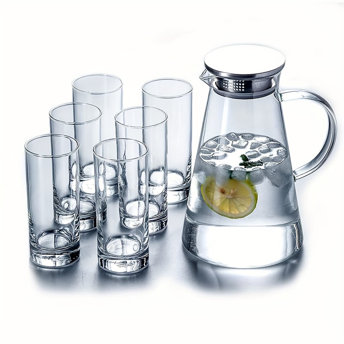 TEMU 7pcs Glass Pitcher Set Jug With 6 Water Glasses Tumbler Cups Heat Lid Carafe Jug With Spout Handle For Hot/ Beverage