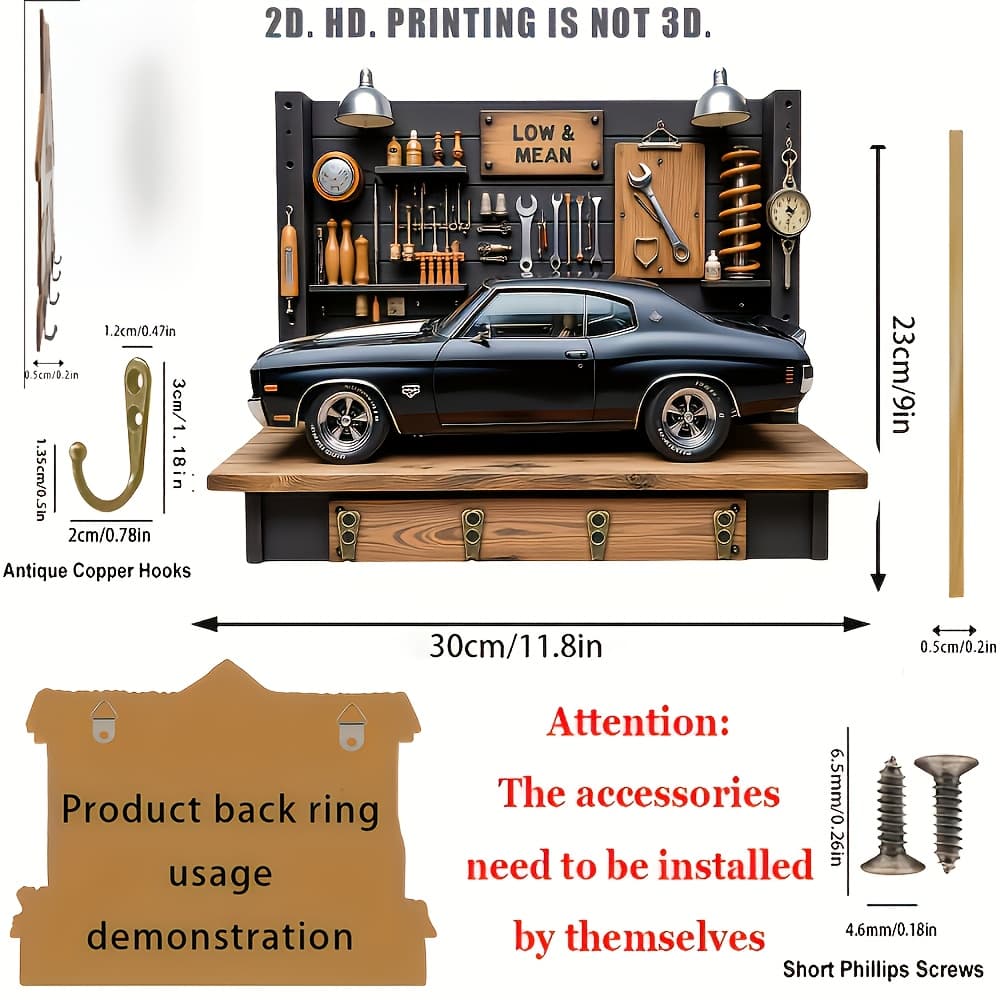 TEMU 2d Flat Car Key Hook, 1-pack, Wooden Multi-functional Home Key Holder With 4 Metal Hooks, Wall Decor, Porch Decor, Room Decor, Villa Decor, Four- Decoration, 11.8" X 9, 2d Flat