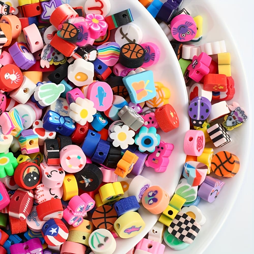 TEMU 142pcs Random Assorted Polymer Clay Loose Beads Including Flowers, Butterflies, Rainbows, Faces, And Styles For Diy Bracelet, Necklace, And Craft Making
