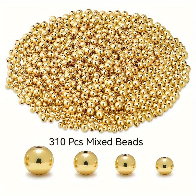 TEMU 310pcs Golden Plated Spacer Beads For Jewelry Bracelets Making, Round Bracelet Beads, Small Ball Golden Filled For Bracelet Necklace Jewelry Bulk Handmade Supply (3/4/5/6mm)