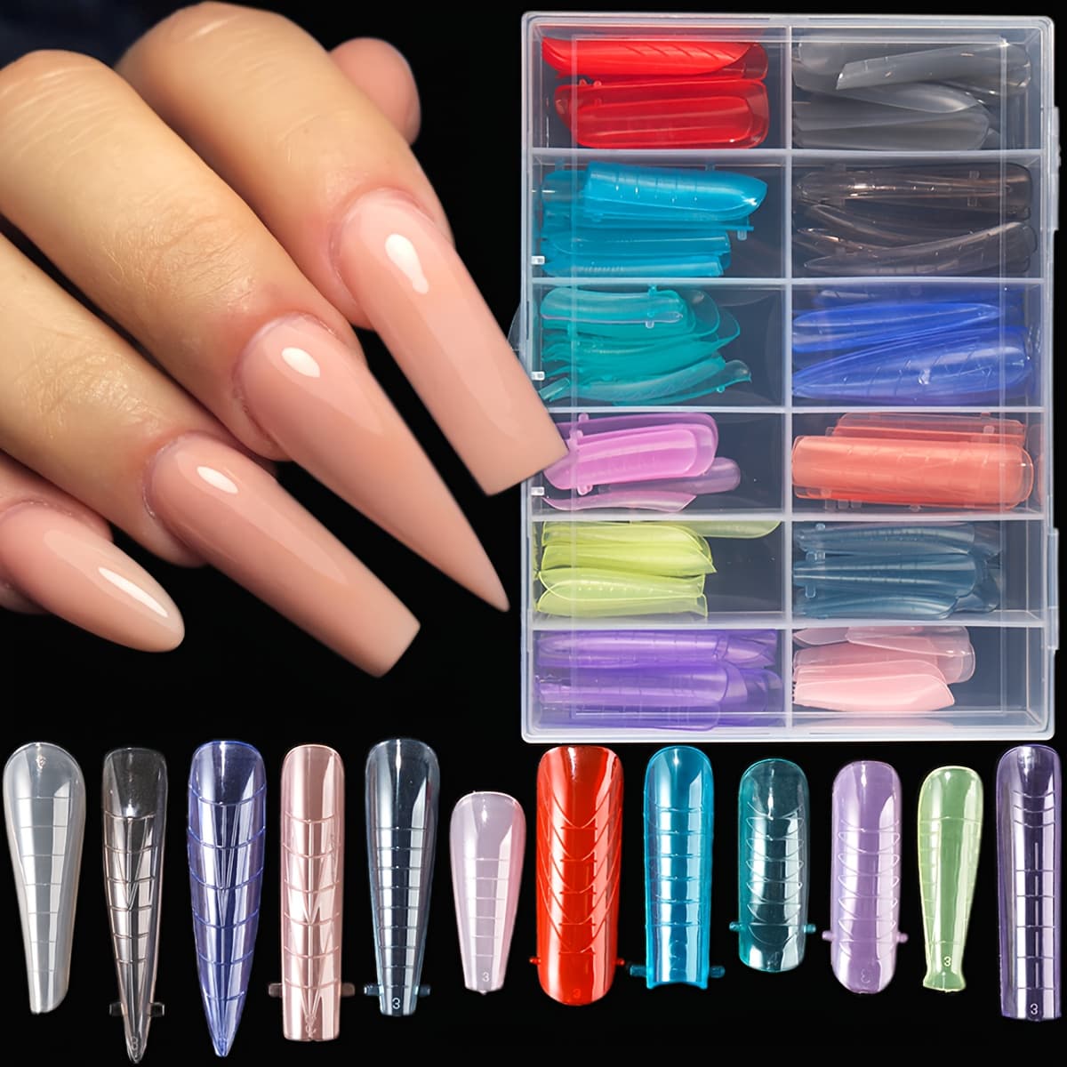 TEMU 12 Grids Dual Forms Gel Nail Extension Mold, Colorful Quick Building Dual Forms Nails Tips Nail Mold Set Mixed Color French Plastic Nail Extension Forms Set For Manicure, Reusable And Durable