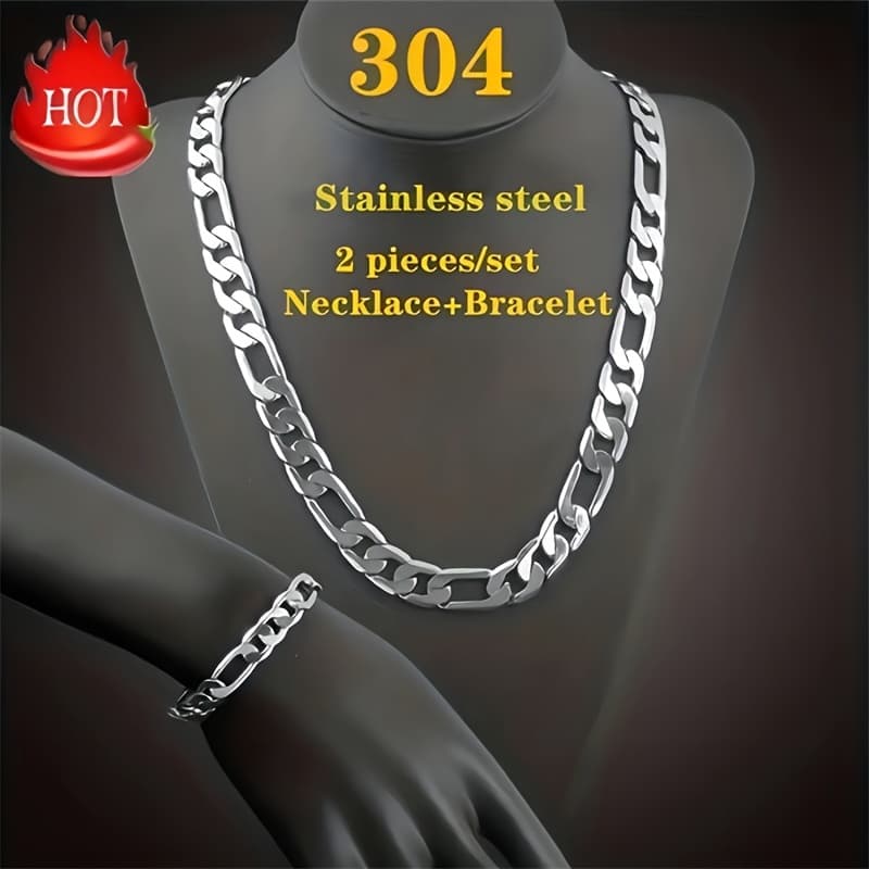TEMU 2pcs/set Men's &women's Necklace Bangle Set, Classic Fashion Y2kstainless Stainless Steel Cuban Necklace
