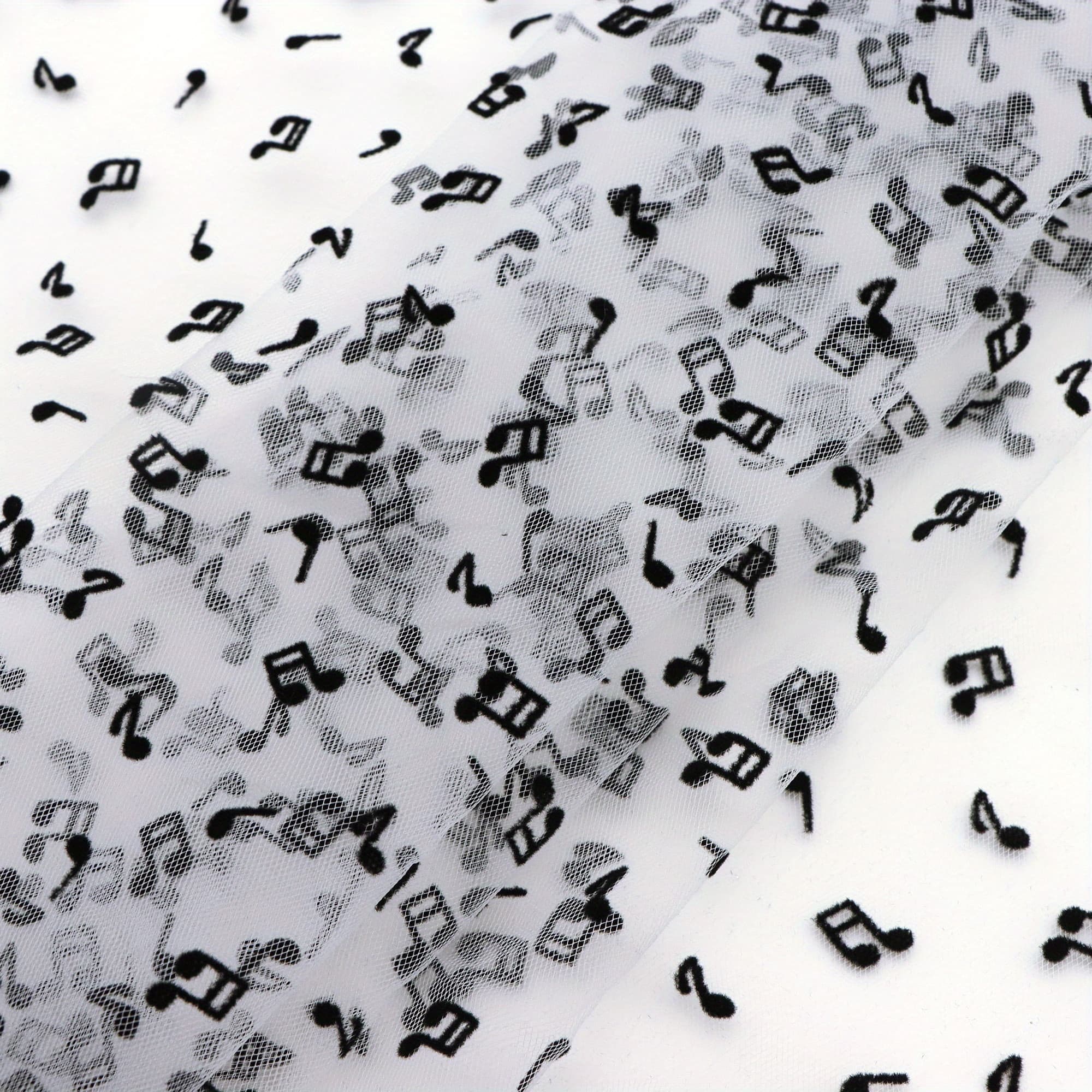 TEMU 1pc Double-sided Velvet Tulle Fabric - 62.9x19.68 Inch Black & White Floral & 3d Music Note Pattern, 100% Polyester Pre-cut Craft Material For Diy Bows, Party Capes, Photo Backdrops