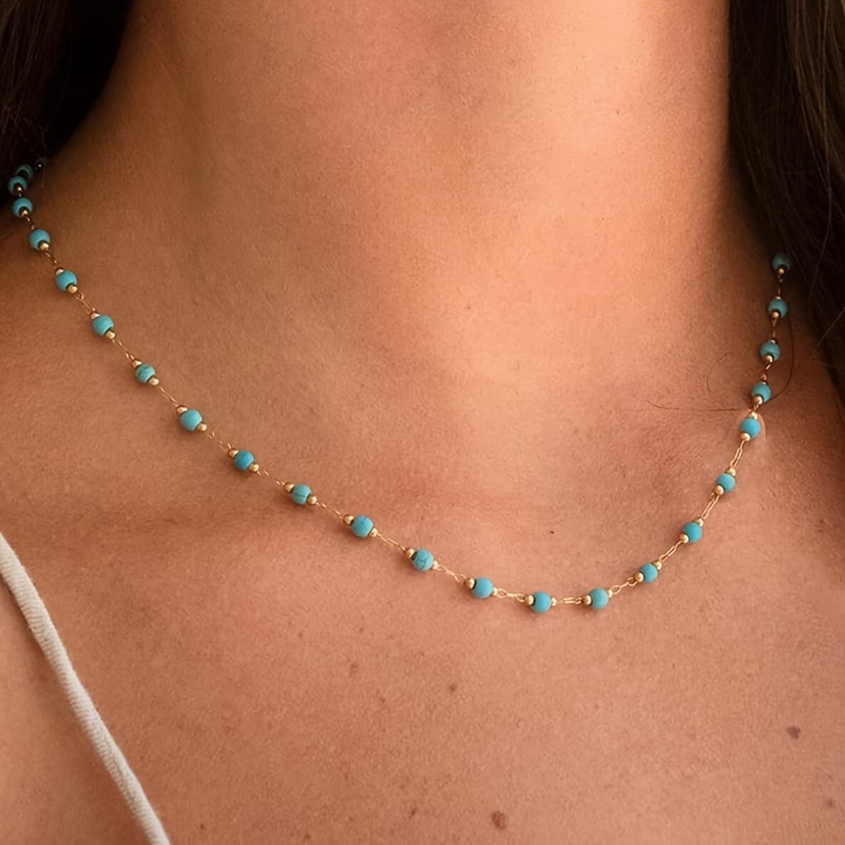 TEMU 1pc Stainless Steel Elegant Golden Beaded Necklace Bohemian Style Turquoise Beaded Necklace Natural Stone Necklace For Women Daily Party Beach Vacation Wear