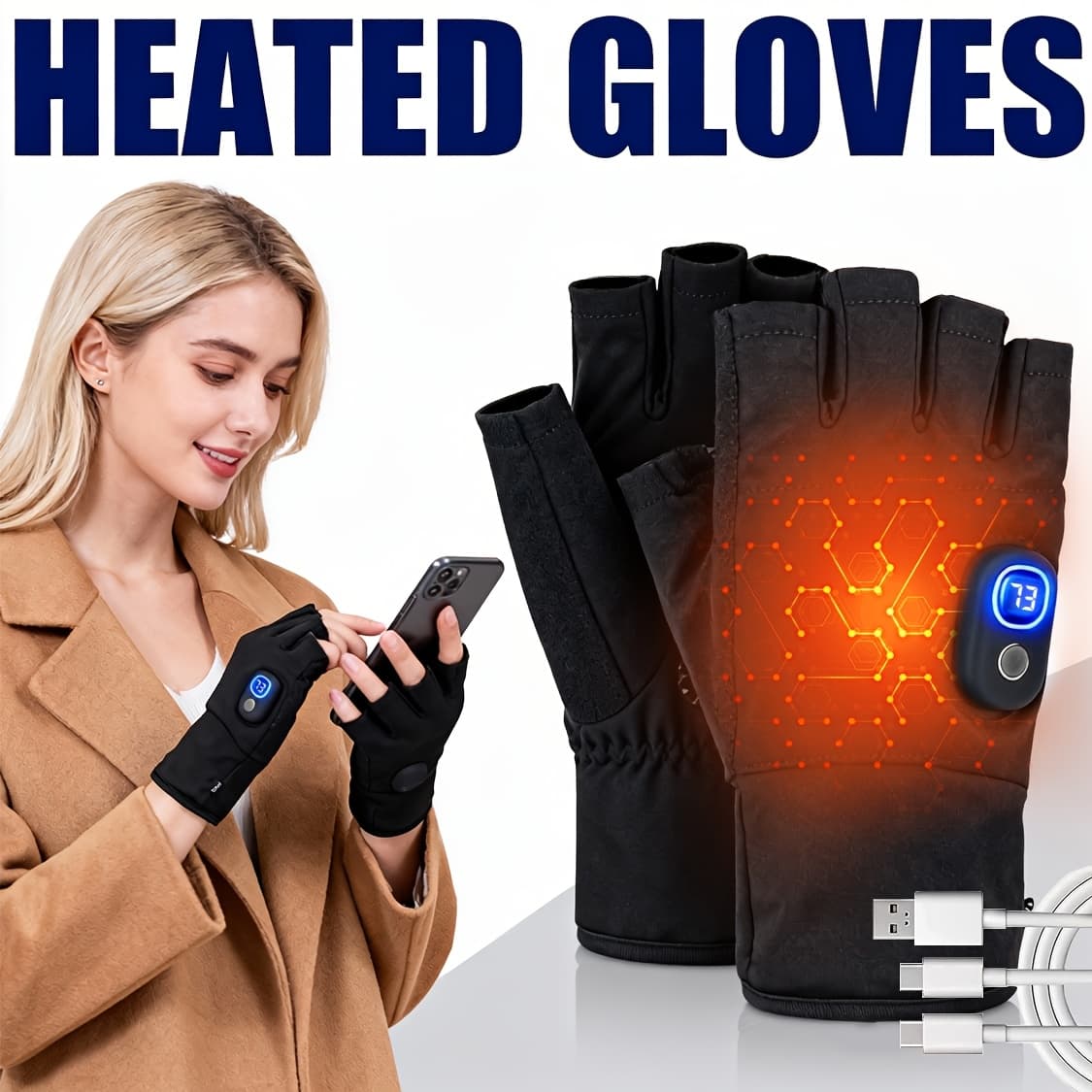 TEMU Heating Gloves With Digital Battery Display: 3 Heating Settings, Running Time, Usb-c Fast Charging (2-3 Hours) - Suitable For Skiing, Cycling, Fishing, Hiking, Shopping, And Daily In Winter