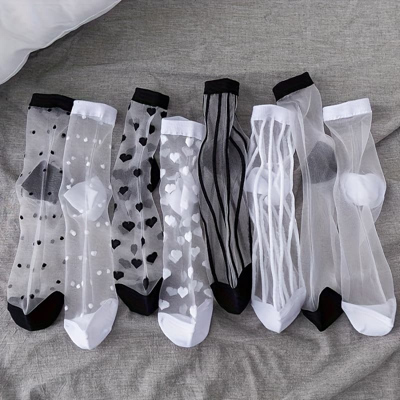 TEMU Pairs Of Ultra-thin Mid-tube Crystal Socks And White Transparent Glass Fiber, Designed For Summer With , Sweat Absorption, And Heart Mesh, Resembling Card Stockings