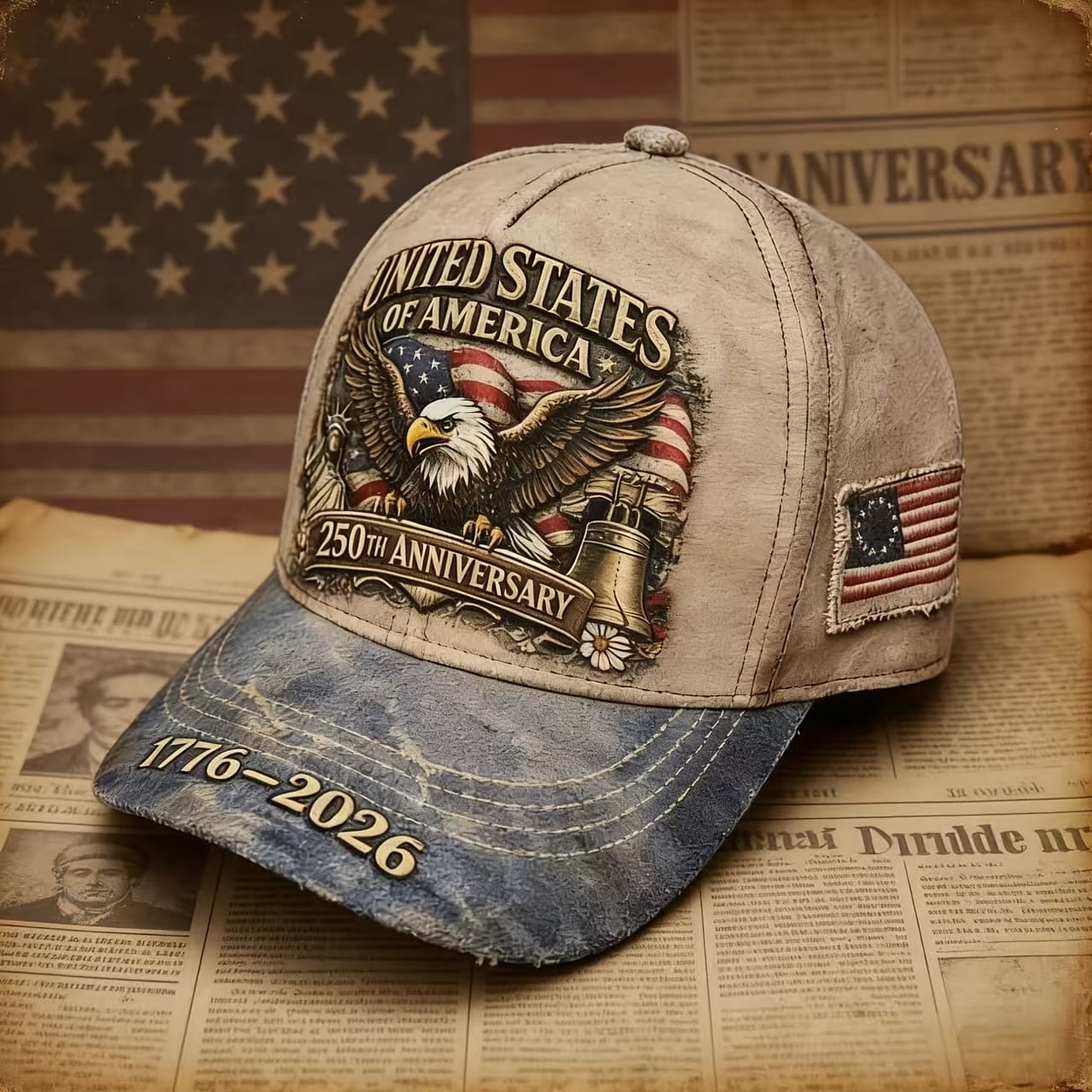 TEMU 250th Anniversary American Flag & Bell Printed Baseball , 1776-2026 Unisex Adjustable Snapback Hat, Casual Fashion Versatile