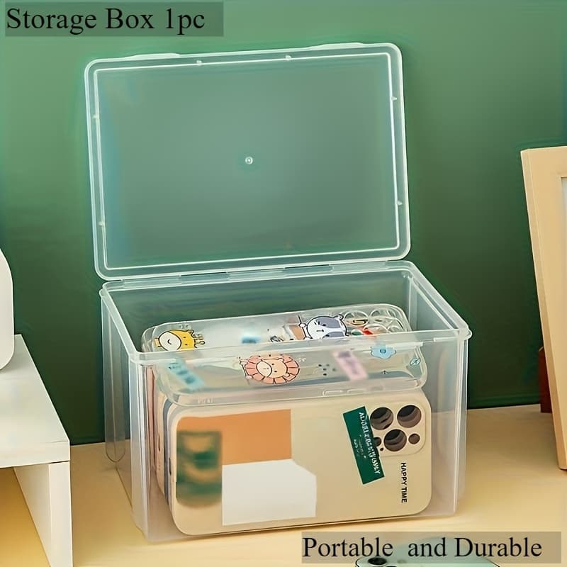 TEMU Large-capacity Transparent Storage Box - Durable, Dustproof With Flip Cover, , Stationery Storage Box, Stackable Design, Storage Box