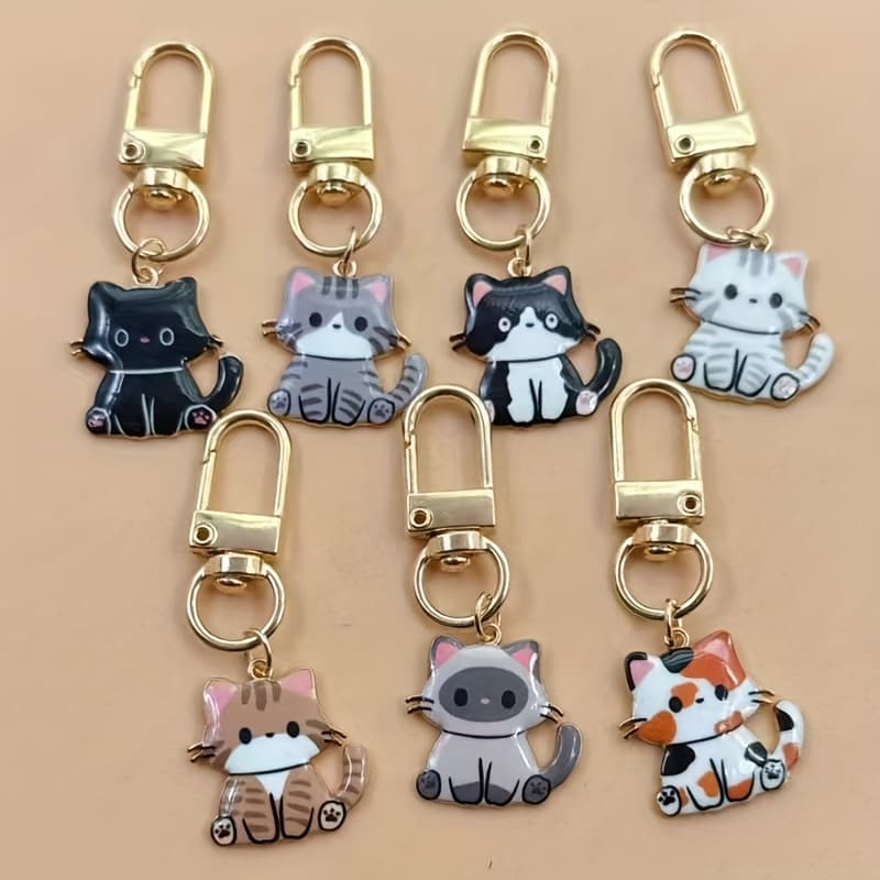 TEMU 7pcs Fun Kitten Keychain Set, Vintage Style Creative Gift, Perfect For Christmas, Halloween, And Other Holidays To Give To Family, , And