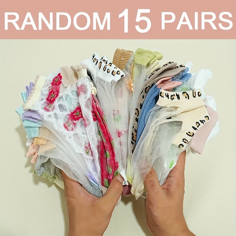 TEMU Random 15-pair Women's Socks, /summer/autumn Fashion Jacquard Glass Invisible Socks, Comfortable, Breathable, And Versatile