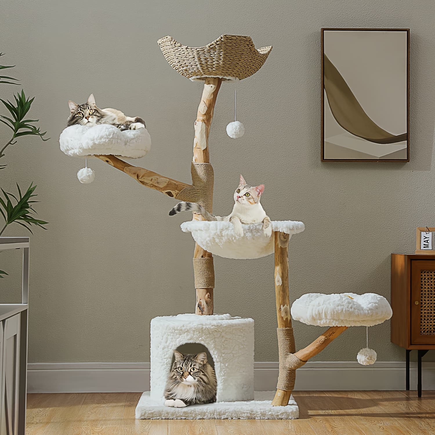 TEMU Flower-shaped Cat Tree, Wooden Cat Tower For Large Cats With 2 Flower Perches, Solid Wood Scratching Post, Luxurious Bohemian Style Cat Furniture With A Condo, Hanging Ball And Hammock