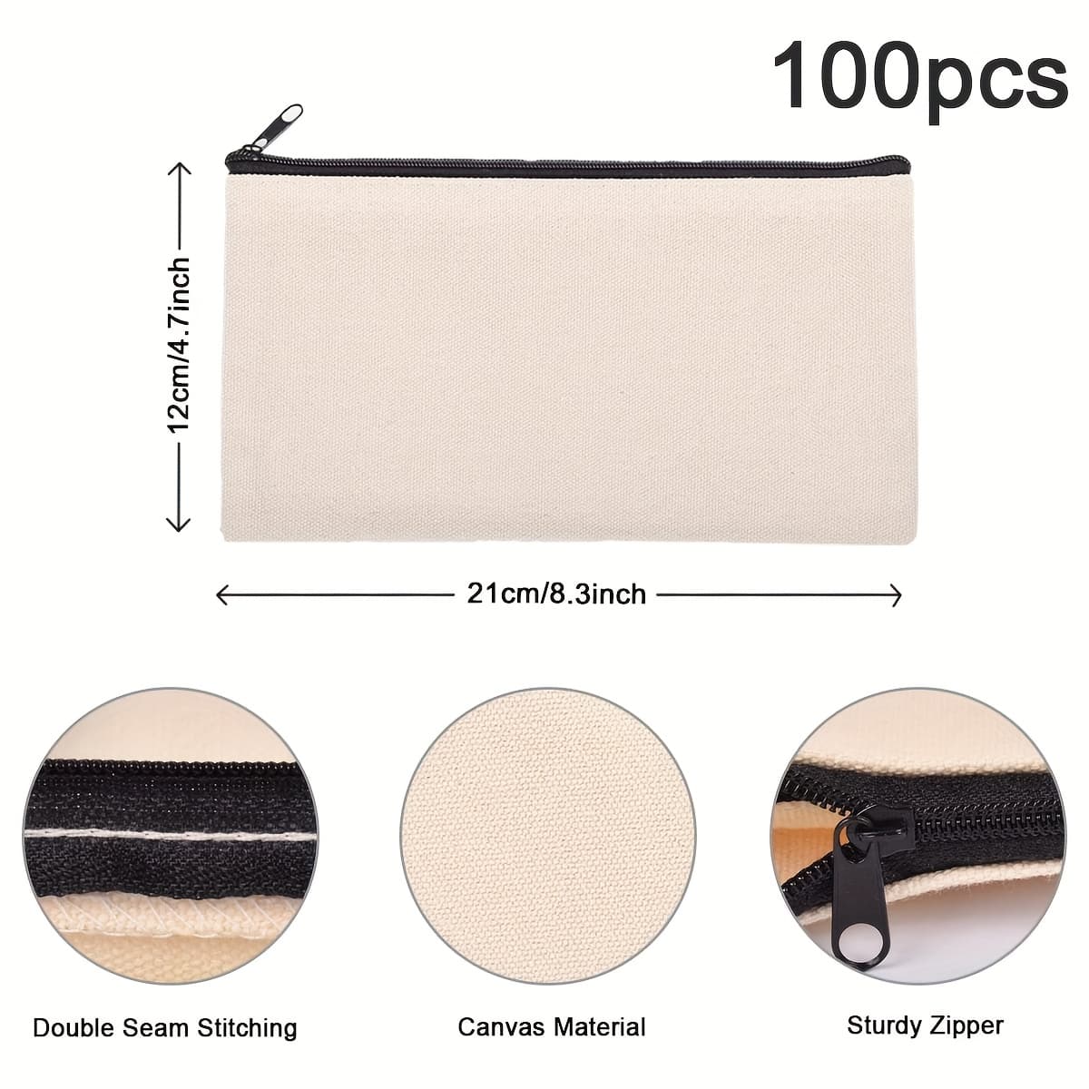 TEMU 100pcs Beige Canvas Zipper Pouches 8*4.7 Inch Multifunctional Blank Diy Craft Bags Pencil Pouch Travel Makeup Bag Party Gift Bag Halloween Christmas