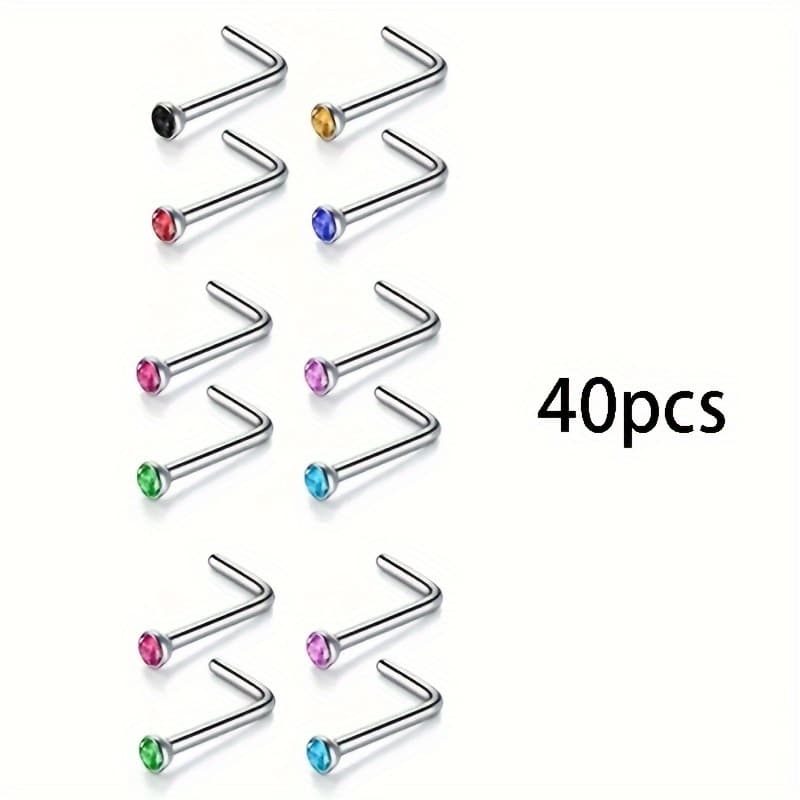 TEMU 40pcs L-shaped Colorful Nose Ring Set, Bohemian Colorful Synthetic Zirconia Nose Studs, Nostril Piercing Jewelry For Cartilage, Tragus & Daith, Body Piercing Jewelry Set