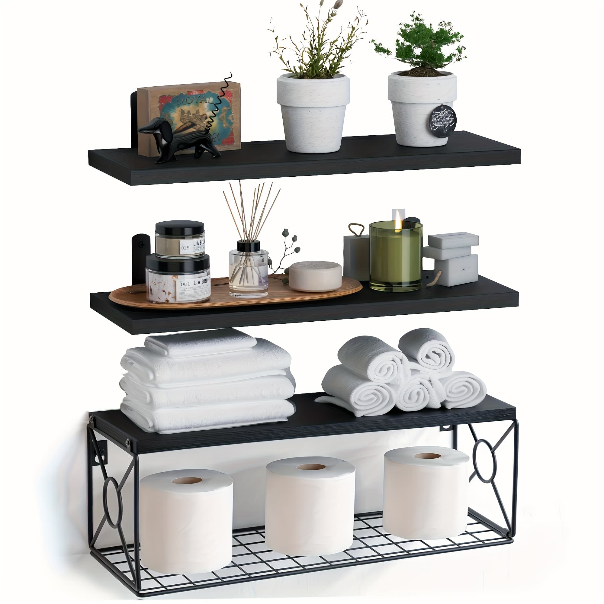 TEMU 3 Tier Floating Shelves With Wire Storage Basket, Bathroom Shelves Over Toilet, Wood Wall Shelves For Bathroom, Bedroom, Living Room, Toilet, Kitchen Storage, & Wall Decor, (black)