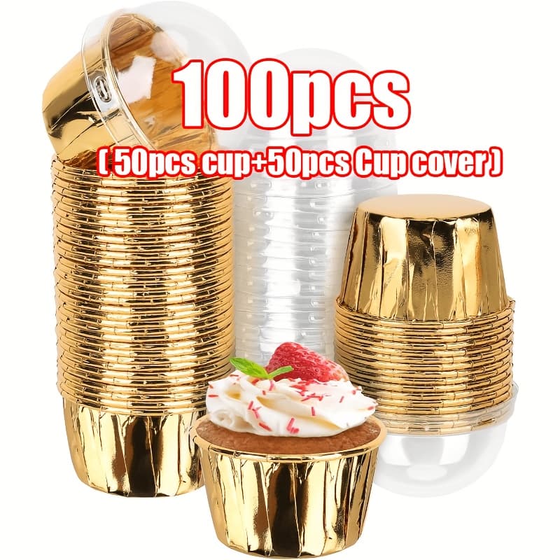 TEMU 100 (50 Cups+50 Cup Lids), Golden Color, Disposable, Used Oven, Mini With Lid, Suitable For Weddings, Birthday Parties, Picnics